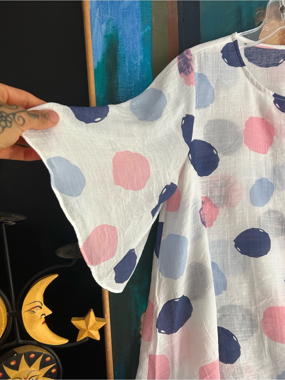 Red Coral Womens Small White Pink Blue Polka Dot Layered Blouse Boho Artsy Top - Picture 12 of 16